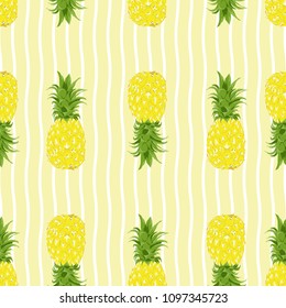 Seamless pattern Pineapples Exotic tropical fruit on line wave background.printing wallpaper.vector illustration