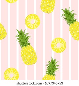 Seamless pattern Pineapples Exotic tropical fruit on Vertical Lines background.printing wallpaper.vector illustration
