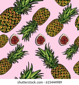 Seamless pattern with pineapples and figs on pink background. Vector illustration.