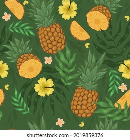 Seamless pattern with pineapples, flowers and leaves. Vector graphics.