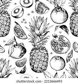 Seamless pattern with pineapples and fruits. Black and white hand drawn vector illustration.