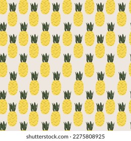 A seamless pattern of pineapples with green leaves on a light background.