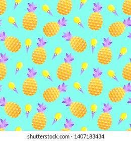 Seamless pattern with pineapples and ice cream on mint background. Surface pattern.It be perfect for fabric, wrapping,packaging, digital paper and more.