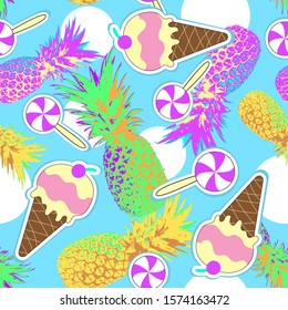 Seamless pattern with pineapples, ice cream and candy.Contemporary art collage ,Zine Culture, vector illustration.