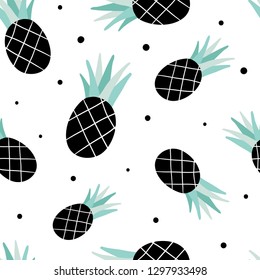 Seamless pattern with pineapples. Juicy  tropic fruits and black dots on white background. Vector hand drawn summer vector background for modern textile, fabric, paper. Vegetarian healthy food