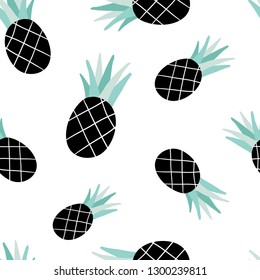 Seamless pattern with pineapples. Juicy  tropic fruits. Vector hand drawn summer vector background for modern textile, fabric, paper. Vegetarian healthy food