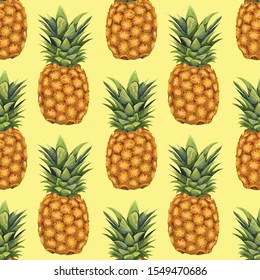 Seamless pattern with pineapples. Juicy tropical background with fruits. Wallpaper, print, paper, textile design, packaging. Vector illustration.