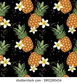 Seamless pattern with pineapples. Juicy tropical background with pineapples and flowers on a black background. Wallpaper, print, paper, textile design, packaging. Vector illustration.