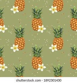 Seamless pattern with pineapples. Juicy tropical background with pineapples and flowers on a green background. Wallpaper, print, paper, textile design, packaging. Vector illustration.