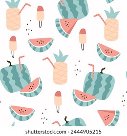 Patrón sin costuras con piñas y sandía jugosa. Ilustración vectorial de frutas de verano. 
