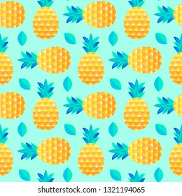 Seamless pattern with pineapples and leaves on mint background. Surface pattern.It be perfect for fabric, wrapping,packaging, digital paper and more.