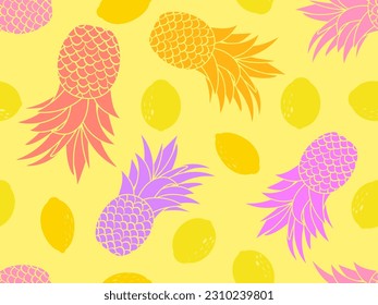 Seamless pattern with pineapples and lemons on yellow background. Fruit mix tropical summer background. Design of printing, banners and promotional materials. Vector illustration