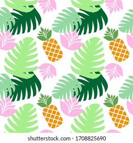Seamless pattern with pineapples and monstera leaves, Hand drawn design for greeting cards, fabric, wrapping paper, invitation.