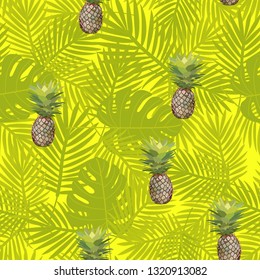 Seamless pattern with pineapples on a background of palm leaves. Exotic vector illustration with fruit.