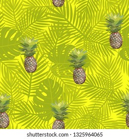 Seamless pattern with pineapples on a background of palm leaves. Exotic vector illustration with fruit.