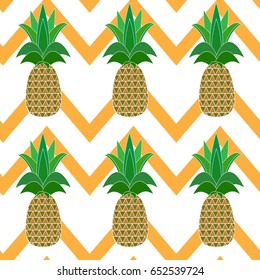 Seamless pattern. Pineapples on a background of orange stripes. Vector illustration.