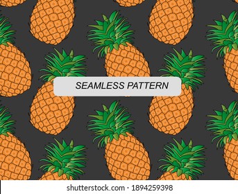 Seamless pattern of pineapples on a black background. Trendy vegan food background for textile, fabric, paper. Suitable for illustration of healthy food, local farm.