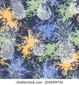 Seamless pattern with pineapples on blue. Background with exotic tropical fruits. Hand-drawn in ink. Vector backdrop. Colorful splashes of fresh juice. Paradise in nature. Pictorial design.