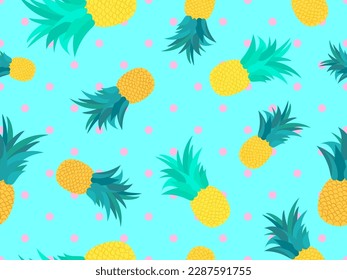 Seamless pattern with pineapples on a blue background. Summer fruit pattern. Pineapple fruit. Tropical background for T-shirts, prints on paper and fabric. Vector illustration