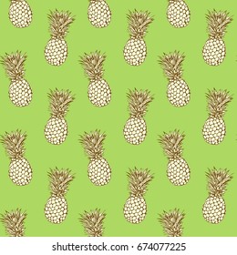 Seamless pattern with pineapples on a green background. Vector illustration.