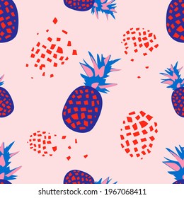 Seamless pattern with pineapples on pink. For printing fabrics, textiles, posters, decorative pillows, interior design. Vector graphics.