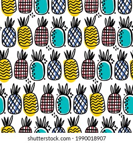 Seamless pattern with pineapples on white background. Great for fabric, textile, wrapping paper. Vector Illustration
