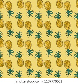 Seamless pattern. Pineapples on a yellow background. Vector illustration. Tropical background.