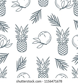 Seamless pattern with pineapples, orange, leaves. Tropical fruit. Summer background.