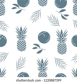 Seamless pattern with pineapples, orange, leaves. Tropical fruit. Summer background.