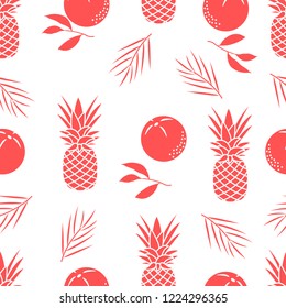 Seamless pattern with pineapples, orange, leaves. Tropical fruit. Summer background.