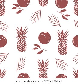 Seamless pattern with pineapples, orange, leaves. Tropical fruit. Summer background.