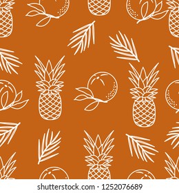 Seamless pattern with pineapples, orange, leaves. Tropical fruit. Summer background.
