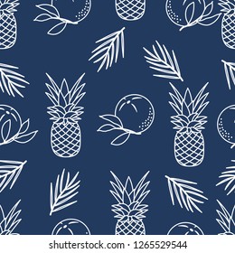 Seamless pattern with pineapples, orange, leaves. Tropical fruit. Summer background.