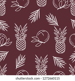 Seamless pattern with pineapples, orange, leaves. Tropical fruit. Summer background.