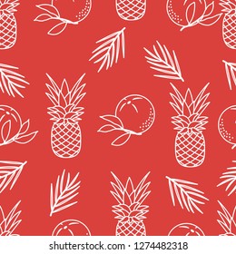 Seamless pattern with pineapples, orange, leaves. Tropical fruit. Summer background.