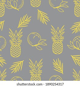 Seamless pattern with pineapples, orange, leaves. Tropical fruit. Summer background. Illuminating and Ultimate Gray.