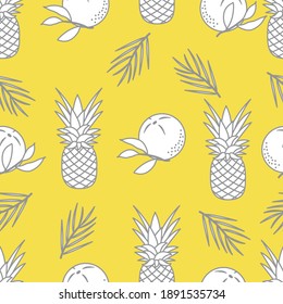 Seamless pattern with pineapples, orange, leaves. Tropical fruit. Summer background. Illuminating and Ultimate Gray.