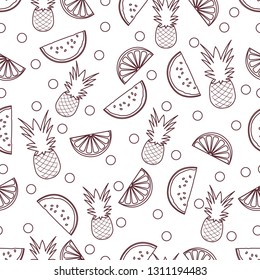 Seamless pattern with pineapples, orange slices, watermelon slices. Tropical fruit. Summer background.