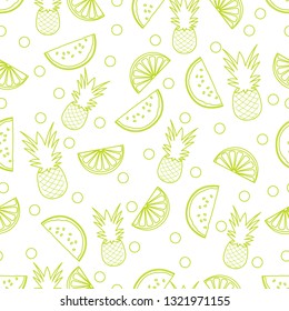 Seamless pattern with pineapples, orange slices, watermelon slices. Tropical fruit. Summer background.