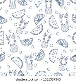 Seamless pattern with pineapples, orange slices, watermelon slices. Tropical fruit. Summer background.