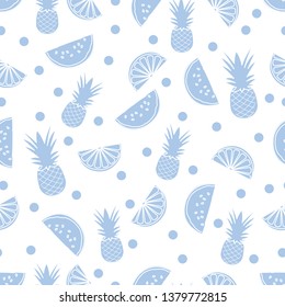 Seamless pattern with pineapples, orange slices, watermelon slices. Tropical fruit. Summer background.