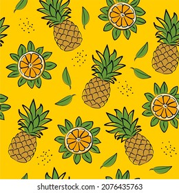 Seamless pattern with pineapples  and oranges. Cute colorful exotic fruits in doodle style. Vector illustration