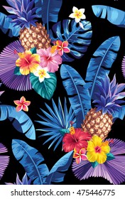 Seamless pattern with pineapples, palm leaves and tropical flowers. Vector illustration.