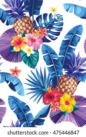 Seamless pattern with pineapples, palm leaves and tropical flowers. Vector illustration.