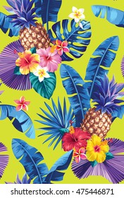 Seamless pattern with pineapples, palm leaves and tropical flowers. Vector illustration.