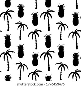 Seamless pattern with pineapples, palm trees. Black silhouettes on white background