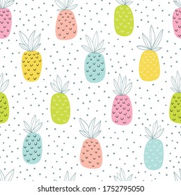 Seamless pattern with pineapples in pastel colors on a white background.