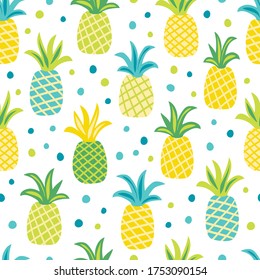 Seamless pattern with pineapples in pastel colors on a white background.
