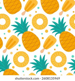 Seamless pattern with pineapples, pineapple slices, ice cream, and colorful dots on a white background. Vector illustration.