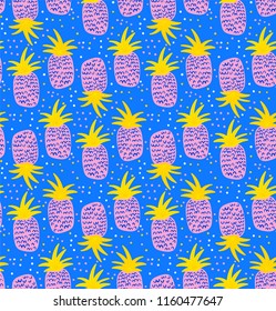 Seamless pattern with pineapples. Pink pineapples on the blue background with dots. Vector fruit summer pattern with colorfull pineapple. Fruit repeated background. Simple repeated fruits background